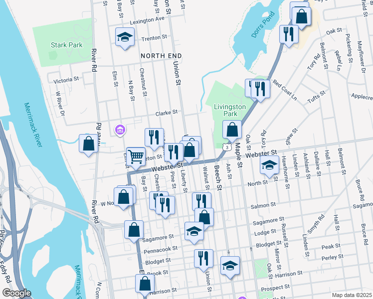 map of restaurants, bars, coffee shops, grocery stores, and more near 945 Union Street in Manchester