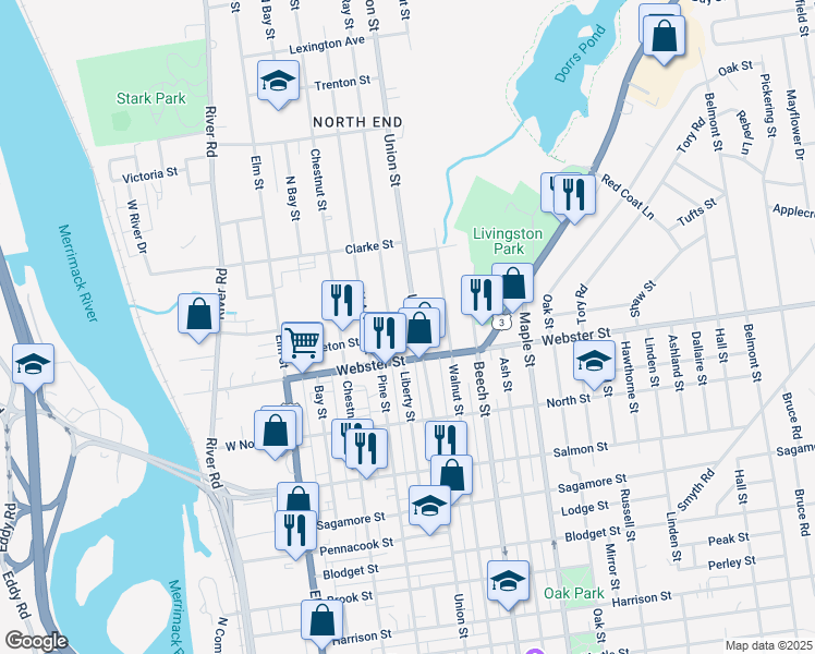 map of restaurants, bars, coffee shops, grocery stores, and more near 945 Union Street in Manchester
