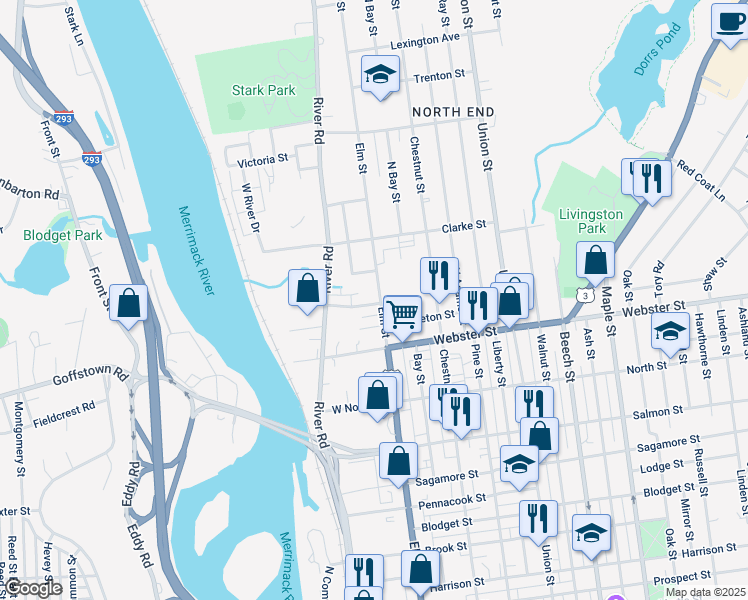 map of restaurants, bars, coffee shops, grocery stores, and more near 1966 Elm Street in Manchester