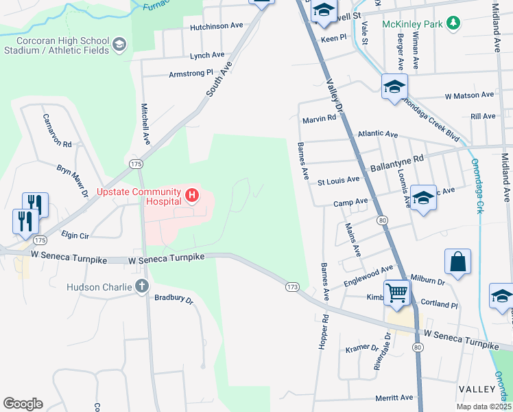 map of restaurants, bars, coffee shops, grocery stores, and more near 5075 West Seneca Turnpike in Syracuse