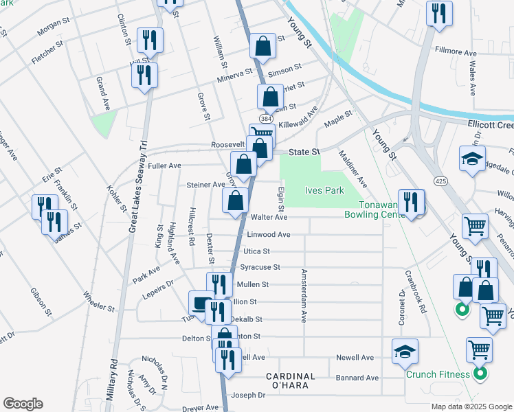map of restaurants, bars, coffee shops, grocery stores, and more near 409 Delaware Street in Tonawanda