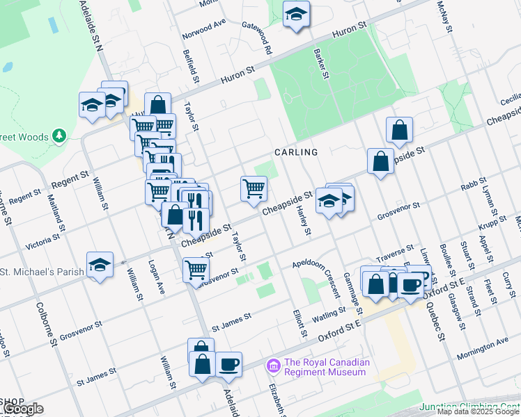 map of restaurants, bars, coffee shops, grocery stores, and more near 701 Strathmeyer Street in London
