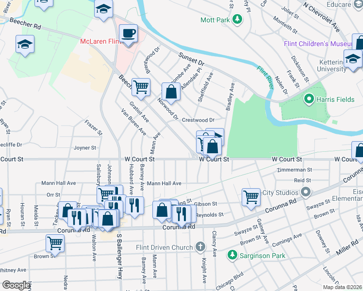 map of restaurants, bars, coffee shops, grocery stores, and more near 3125 Beecher Road in Flint