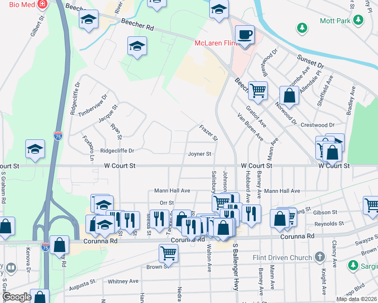 map of restaurants, bars, coffee shops, grocery stores, and more near 863 Tacken Street in Flint
