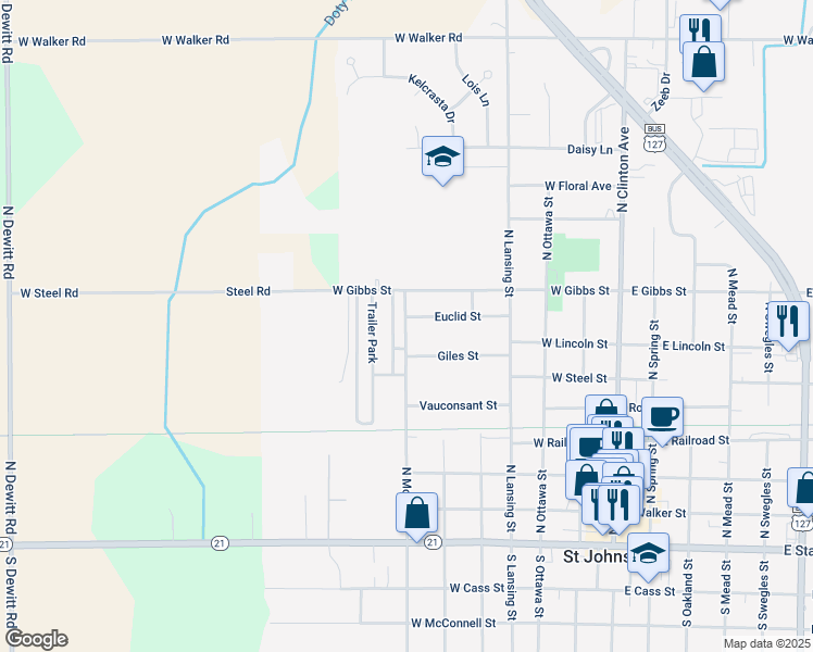 map of restaurants, bars, coffee shops, grocery stores, and more near 701 North Morton Street in Saint Johns
