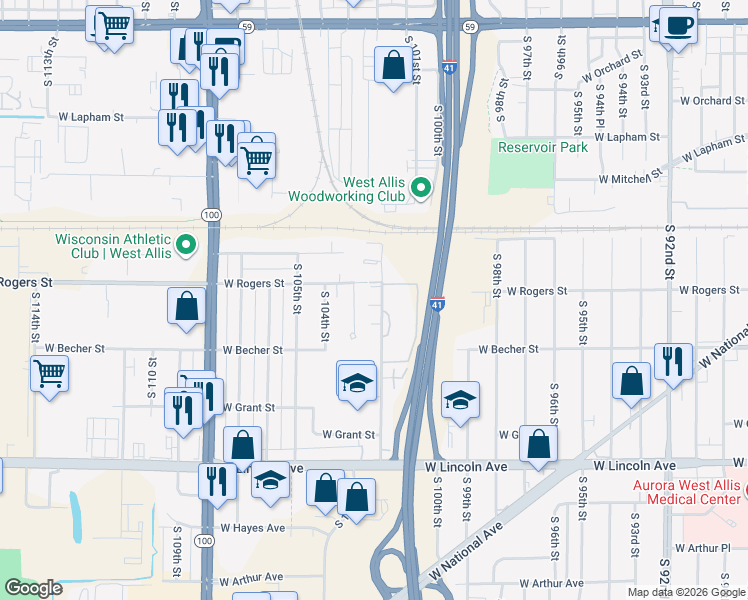 map of restaurants, bars, coffee shops, grocery stores, and more near 1921 South 102nd Street in West Allis
