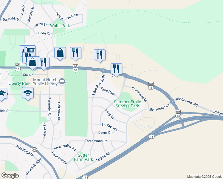 map of restaurants, bars, coffee shops, grocery stores, and more near 1820 Fjord Pass in Mount Horeb