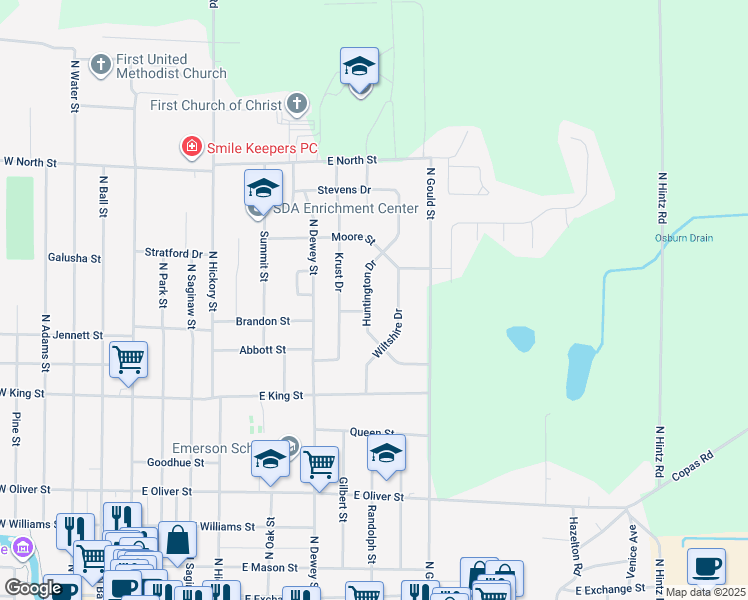 map of restaurants, bars, coffee shops, grocery stores, and more near 904 Huntington Drive in Owosso