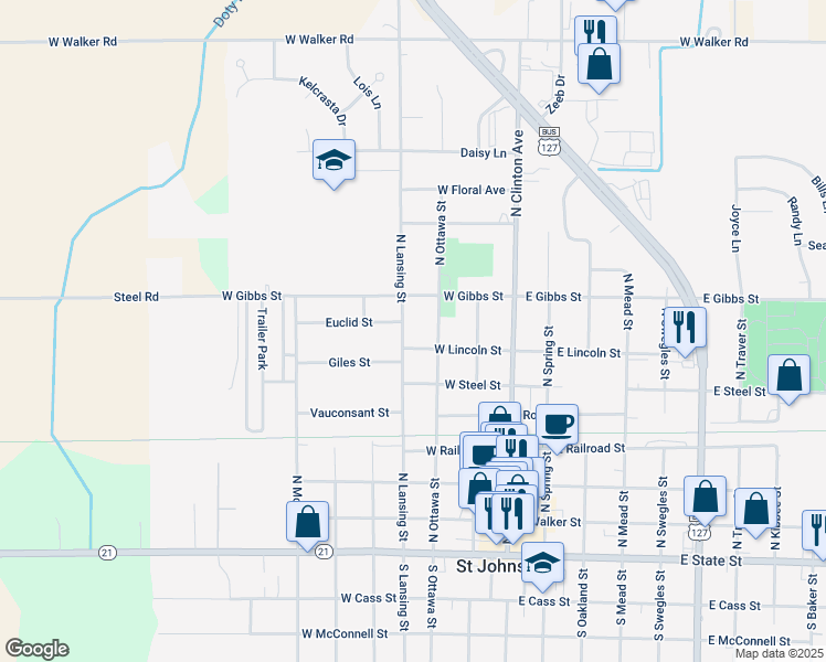 map of restaurants, bars, coffee shops, grocery stores, and more near 708 North Lansing Street in Saint Johns