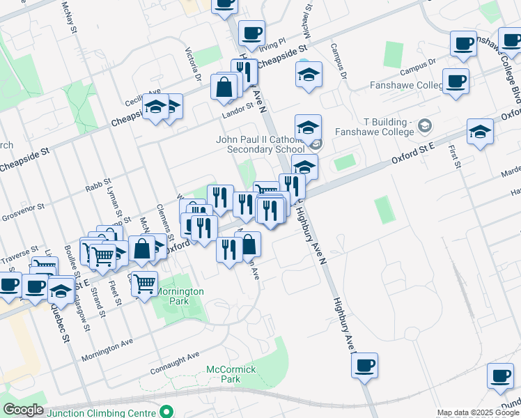 map of restaurants, bars, coffee shops, grocery stores, and more near 1212 Oxford Street East in London