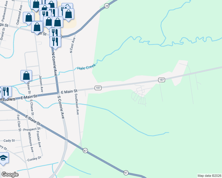map of restaurants, bars, coffee shops, grocery stores, and more near 134 County Highway 107 in Johnstown