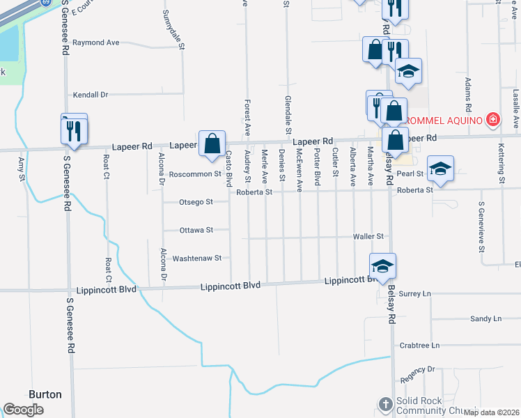 map of restaurants, bars, coffee shops, grocery stores, and more near 1387 Merle Avenue in Burton