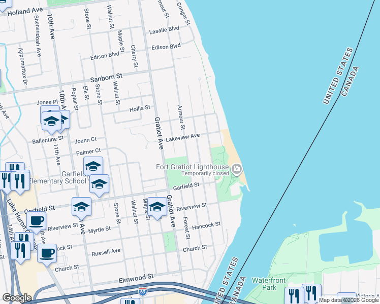 map of restaurants, bars, coffee shops, grocery stores, and more near 2928 Armour Street in Port Huron