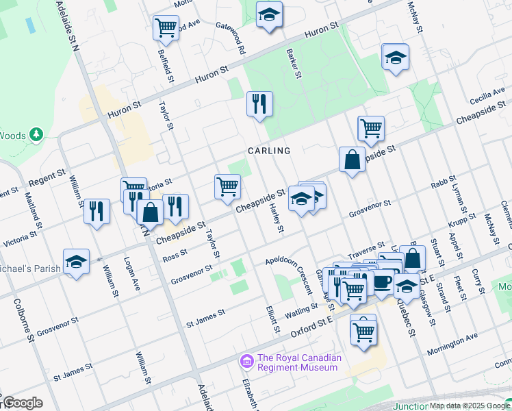 map of restaurants, bars, coffee shops, grocery stores, and more near 120 Brampton Road in London
