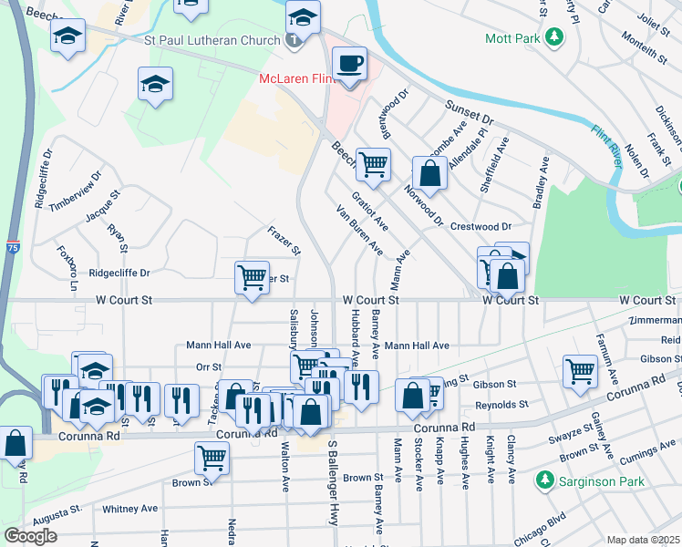 map of restaurants, bars, coffee shops, grocery stores, and more near 809 South Ballenger Highway in Flint