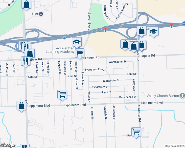 map of restaurants, bars, coffee shops, grocery stores, and more near 3515 Kent Street in Flint