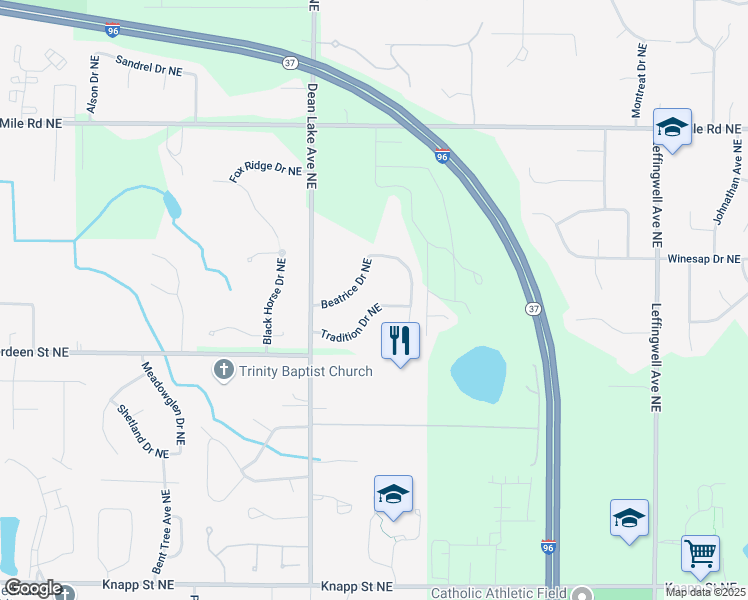 map of restaurants, bars, coffee shops, grocery stores, and more near 2255 Tradition Drive Northeast in Grand Rapids