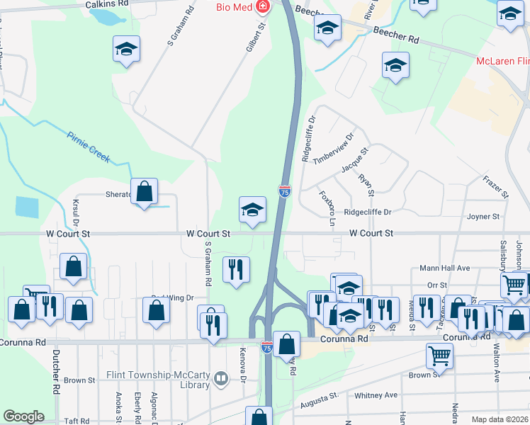 map of restaurants, bars, coffee shops, grocery stores, and more near G3428 West Court Street in Flint