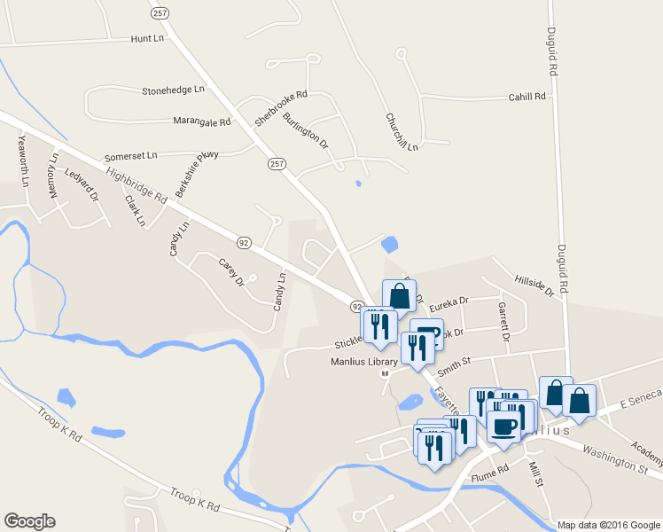 map of restaurants, bars, coffee shops, grocery stores, and more near 1 Kelly Drive in Manlius