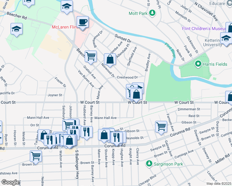 map of restaurants, bars, coffee shops, grocery stores, and more near 3125 Beecher Road in Flint