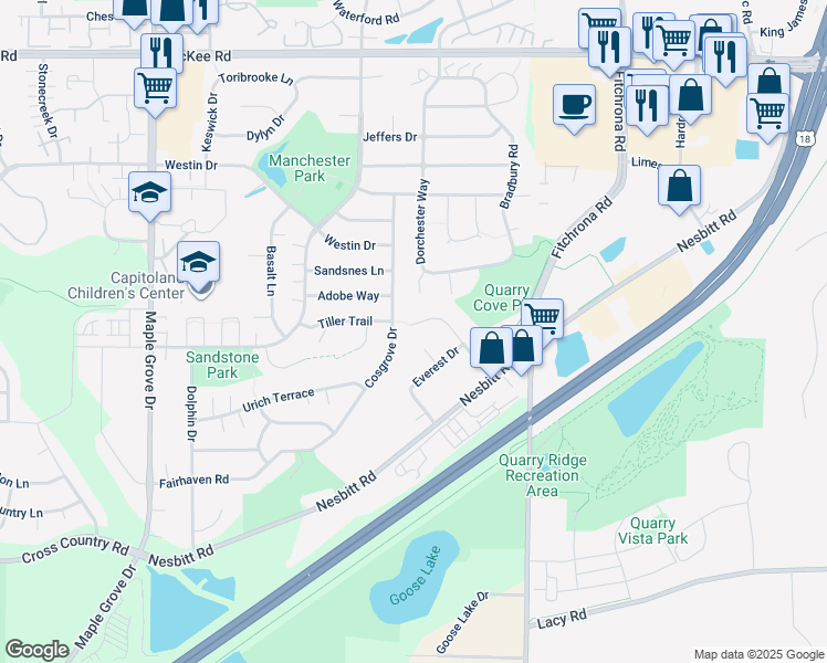 map of restaurants, bars, coffee shops, grocery stores, and more near 2821 Allegheny Drive in Madison
