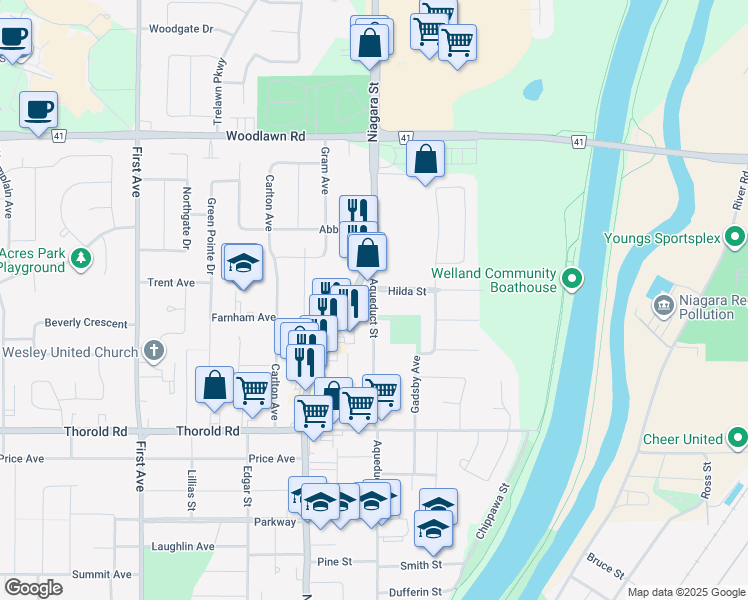 map of restaurants, bars, coffee shops, grocery stores, and more near 396 Aqueduct Street in Welland