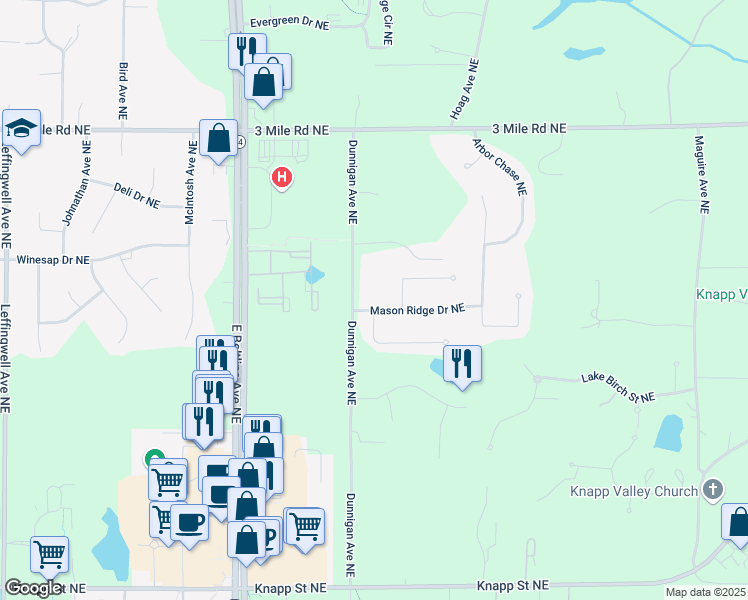 map of restaurants, bars, coffee shops, grocery stores, and more near 3419 Mason Ridge Drive Northeast in Grand Rapids