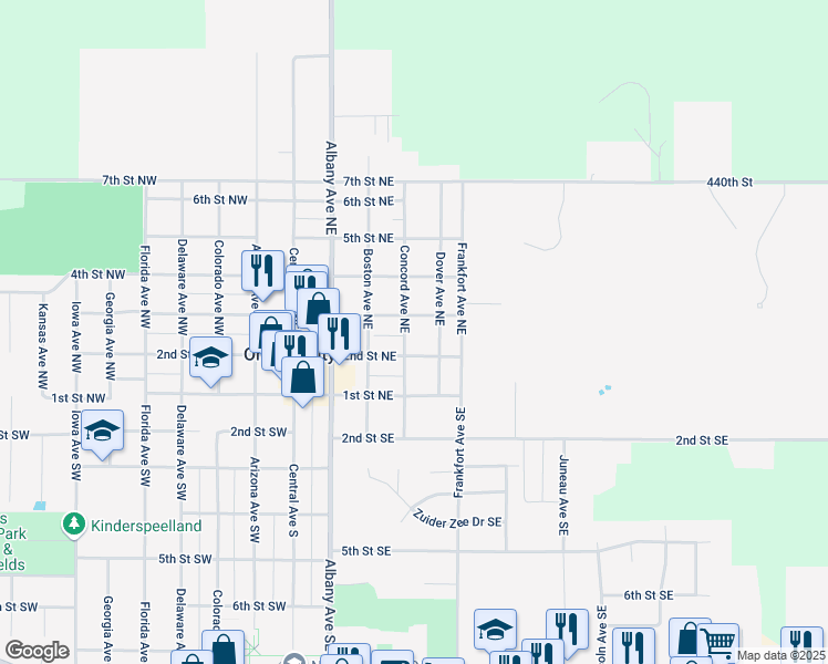map of restaurants, bars, coffee shops, grocery stores, and more near 200-298 Concord Avenue Northeast in Orange City