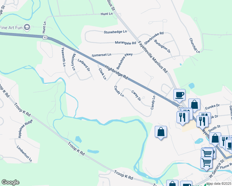 map of restaurants, bars, coffee shops, grocery stores, and more near 4826 Candy Lane in Manlius