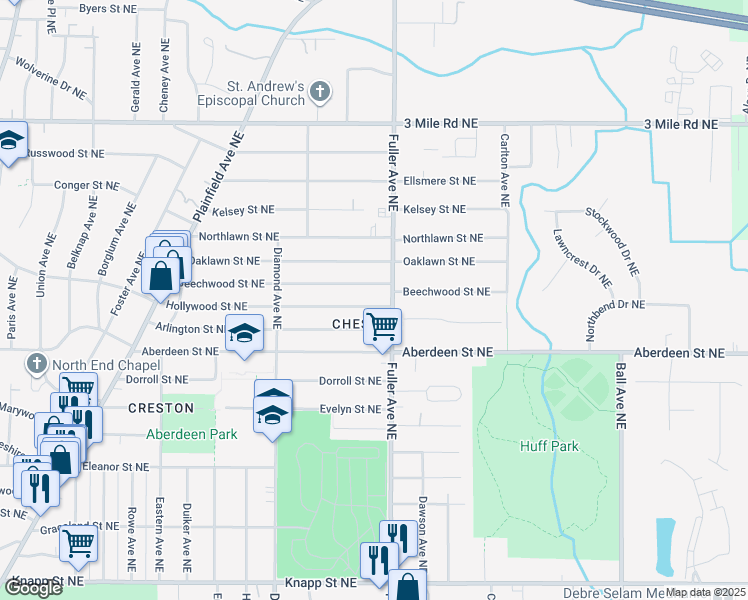 map of restaurants, bars, coffee shops, grocery stores, and more near 1145 Hollywood Street Northeast in Grand Rapids