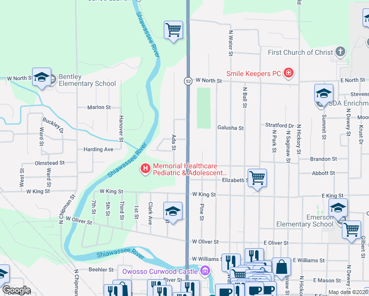 map of restaurants, bars, coffee shops, grocery stores, and more near 1007 North Shiawassee Street in Owosso