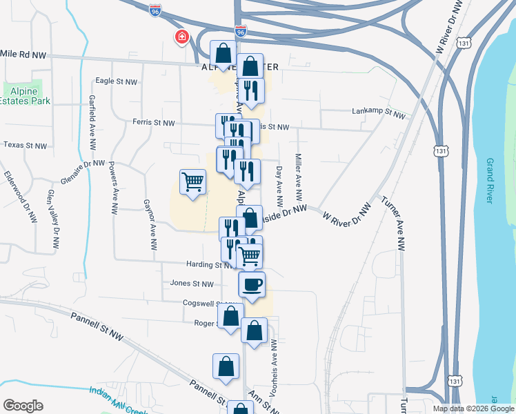 map of restaurants, bars, coffee shops, grocery stores, and more near 2425 Hufford Avenue Northwest in Walker