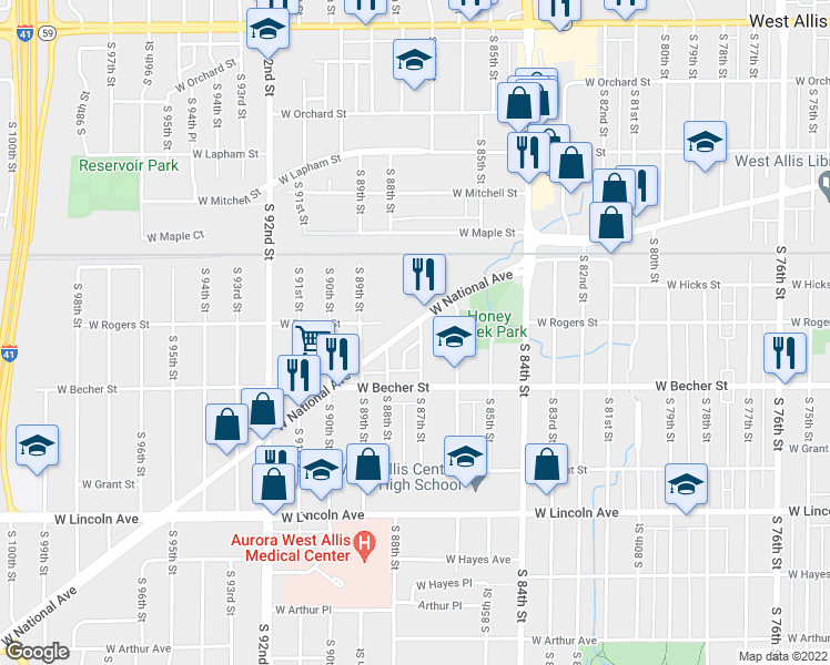 map of restaurants, bars, coffee shops, grocery stores, and more near 8707 West National Avenue in West Allis