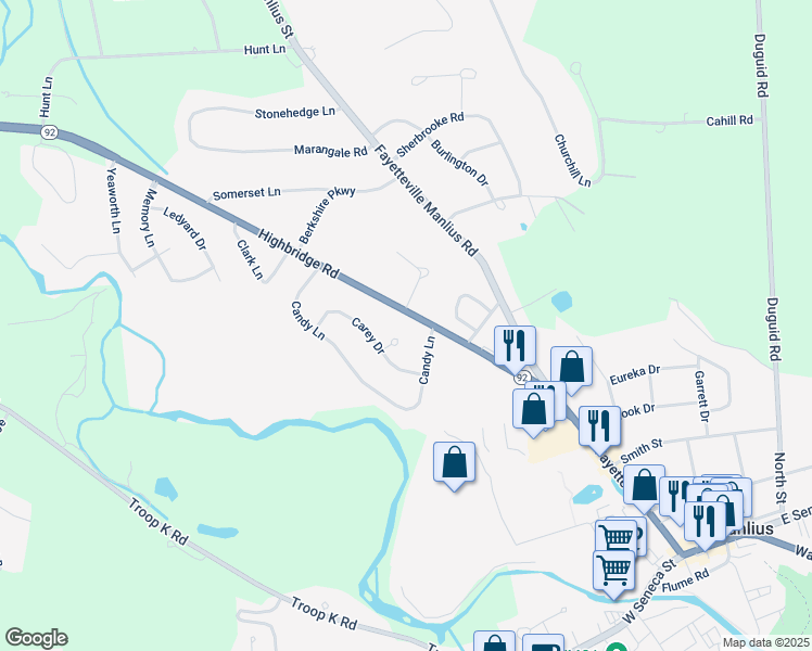 map of restaurants, bars, coffee shops, grocery stores, and more near 7586 Highbridge Road in Manlius