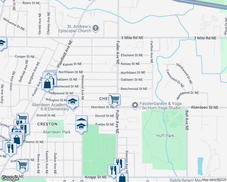 map of restaurants, bars, coffee shops, grocery stores, and more near 1139 Hollywood Street Northeast in Grand Rapids