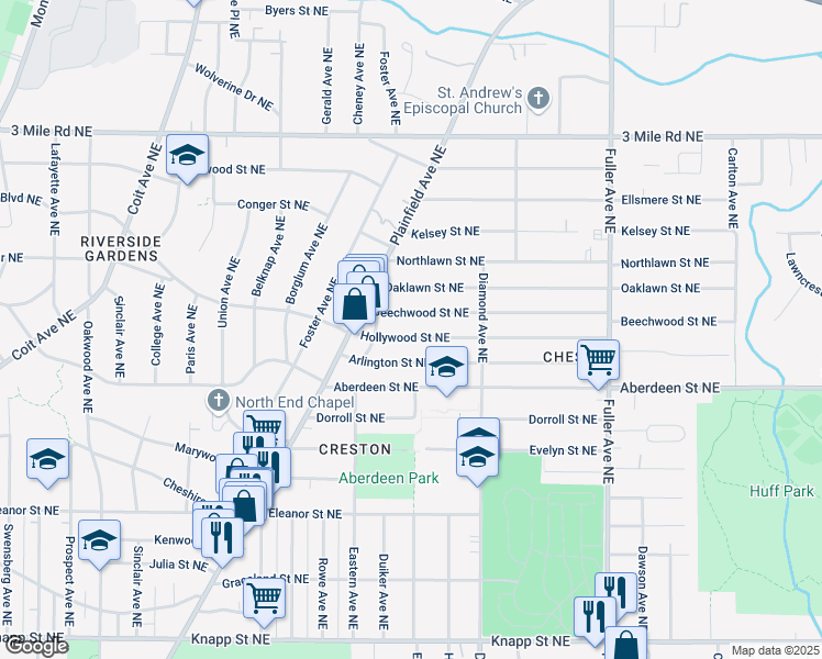 map of restaurants, bars, coffee shops, grocery stores, and more near 905 Hollywood Street Northeast in Grand Rapids
