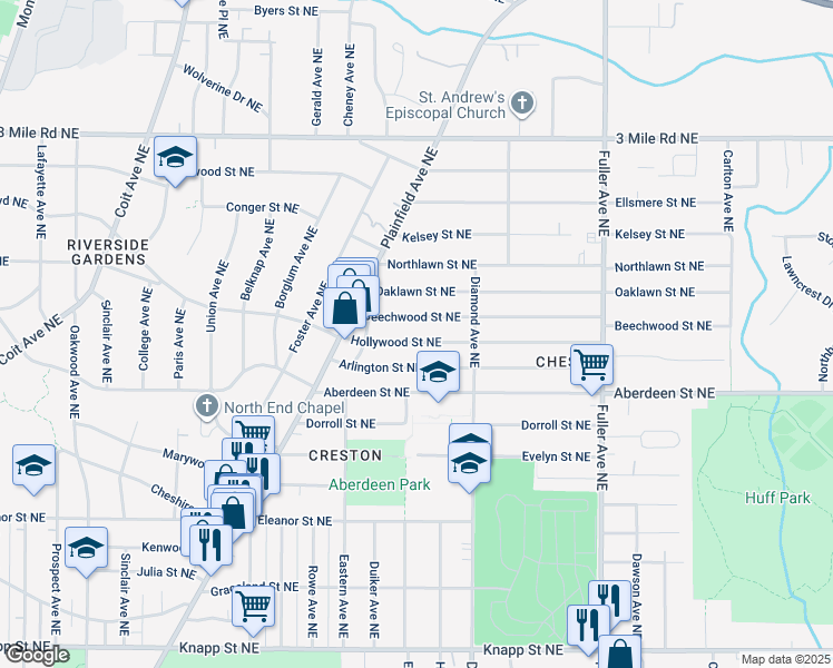 map of restaurants, bars, coffee shops, grocery stores, and more near 905 Hollywood Street Northeast in Grand Rapids