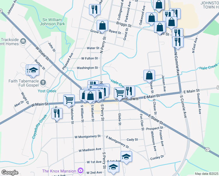 map of restaurants, bars, coffee shops, grocery stores, and more near 12 East Green Street in Johnstown