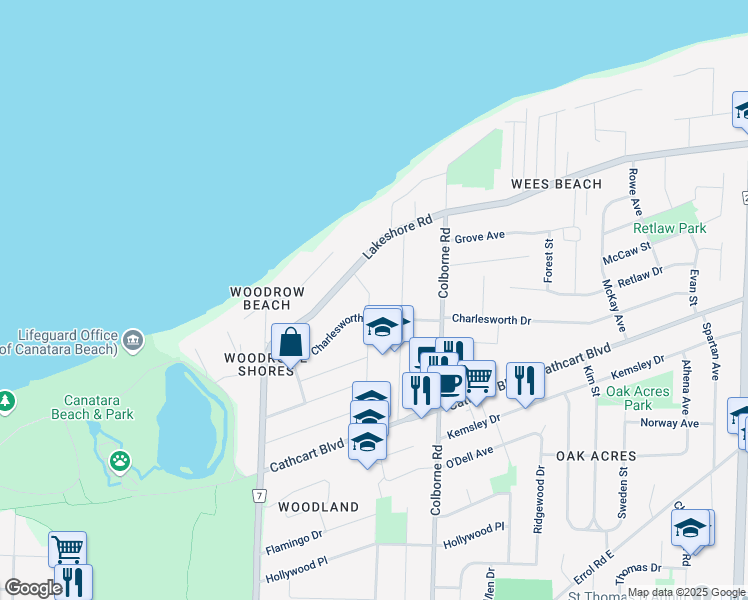 map of restaurants, bars, coffee shops, grocery stores, and more near 1454 Egmond Drive in Sarnia