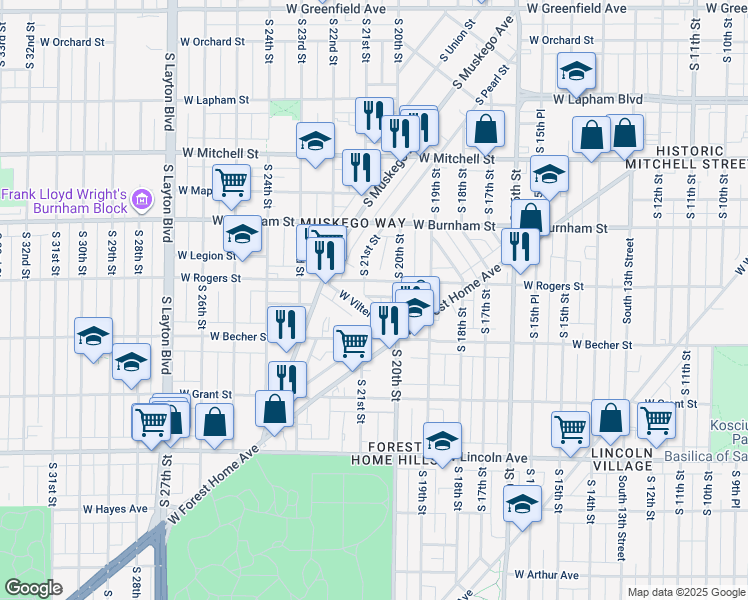 map of restaurants, bars, coffee shops, grocery stores, and more near 2018 South 21st Street in Milwaukee