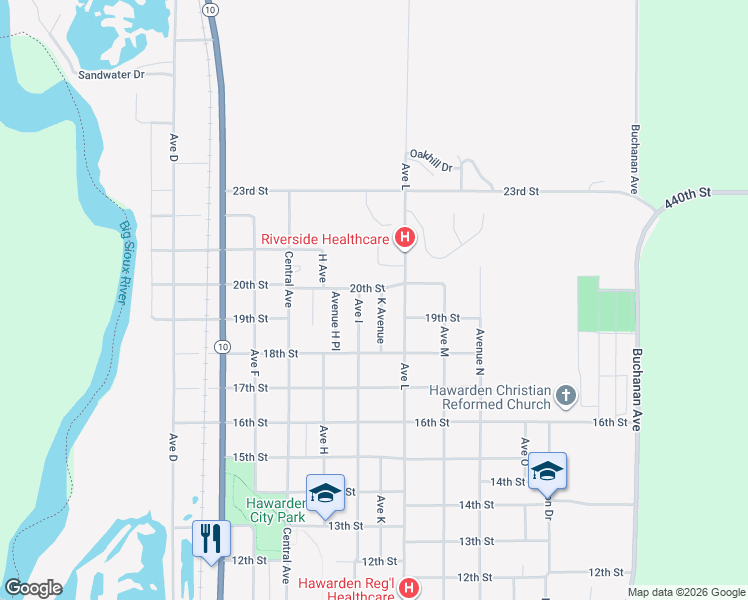 map of restaurants, bars, coffee shops, grocery stores, and more near 1921 Avenue H Place in Hawarden