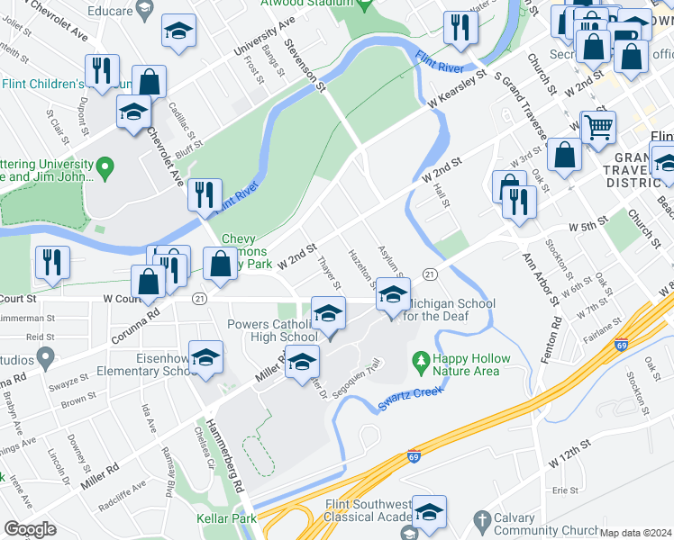 map of restaurants, bars, coffee shops, grocery stores, and more near 705 Thayer Street in Flint