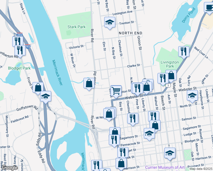 map of restaurants, bars, coffee shops, grocery stores, and more near 1966 Elm Street in Manchester