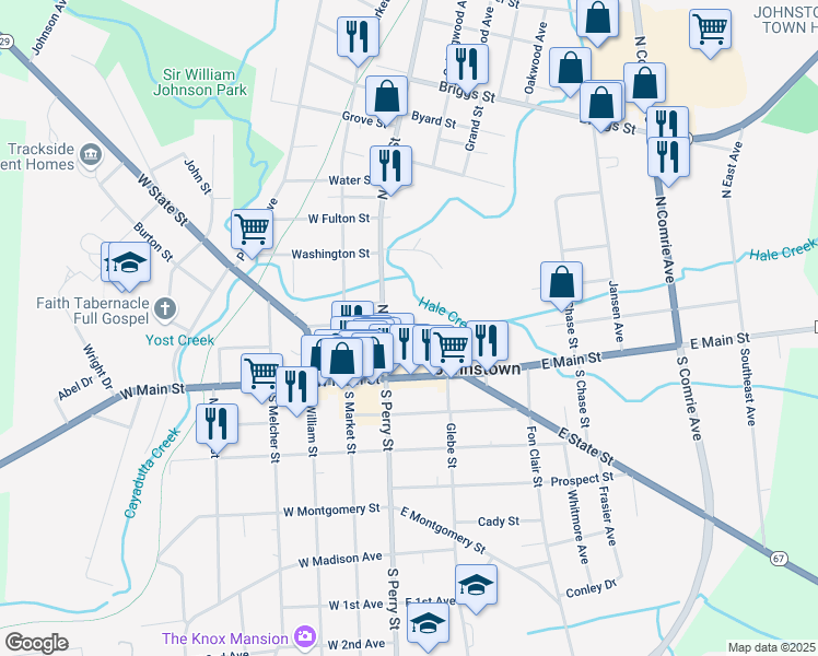 map of restaurants, bars, coffee shops, grocery stores, and more near 12 East Green Street in Johnstown