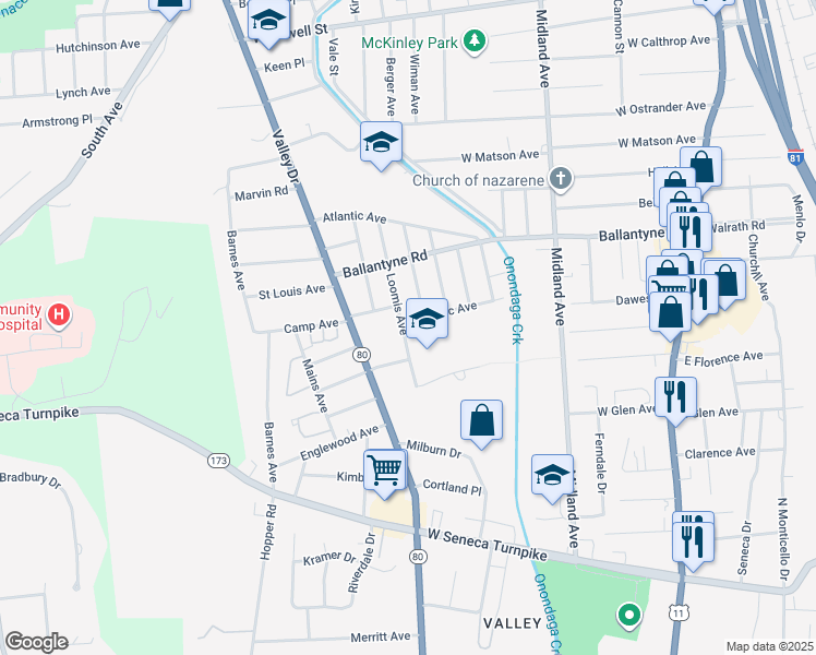 map of restaurants, bars, coffee shops, grocery stores, and more near 521 Pacific Avenue in Syracuse