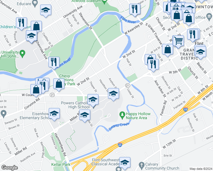 map of restaurants, bars, coffee shops, grocery stores, and more near 717 Hazelton Street in Flint