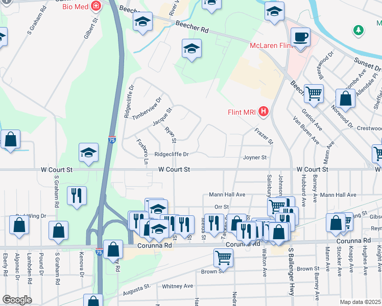 map of restaurants, bars, coffee shops, grocery stores, and more near 3234 Ridgecliffe Drive in Flint