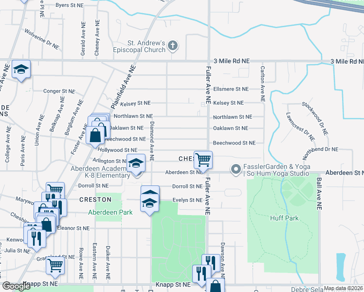 map of restaurants, bars, coffee shops, grocery stores, and more near 1052 Beechwood Street Northeast in Grand Rapids