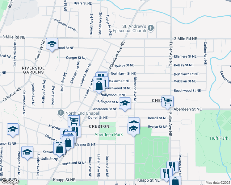 map of restaurants, bars, coffee shops, grocery stores, and more near 905 Hollywood Street Northeast in Grand Rapids