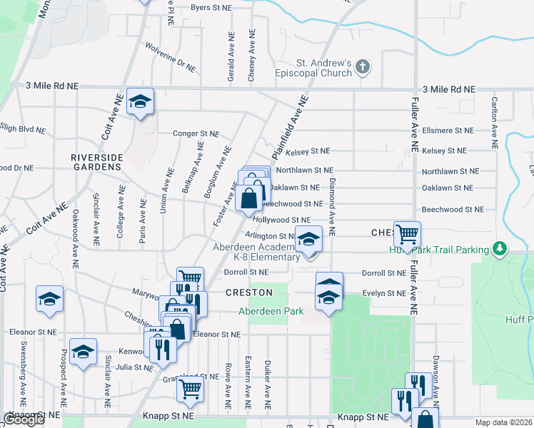 map of restaurants, bars, coffee shops, grocery stores, and more near 858 Beechwood Street Northeast in Grand Rapids
